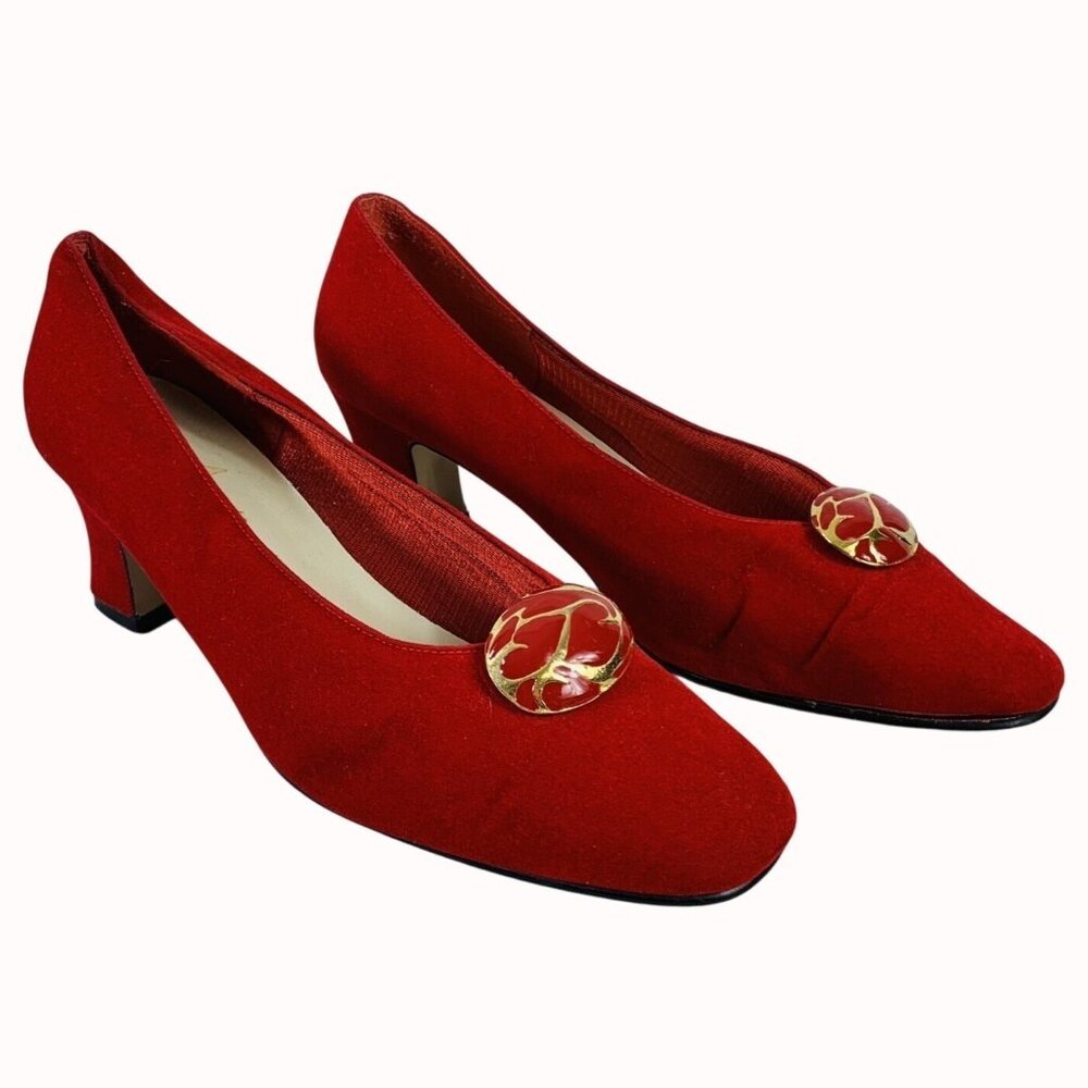 Annie Red Suede Pumps Size 8.5 Low Heel Retro 80s Jeweled Holiday Party Shoes